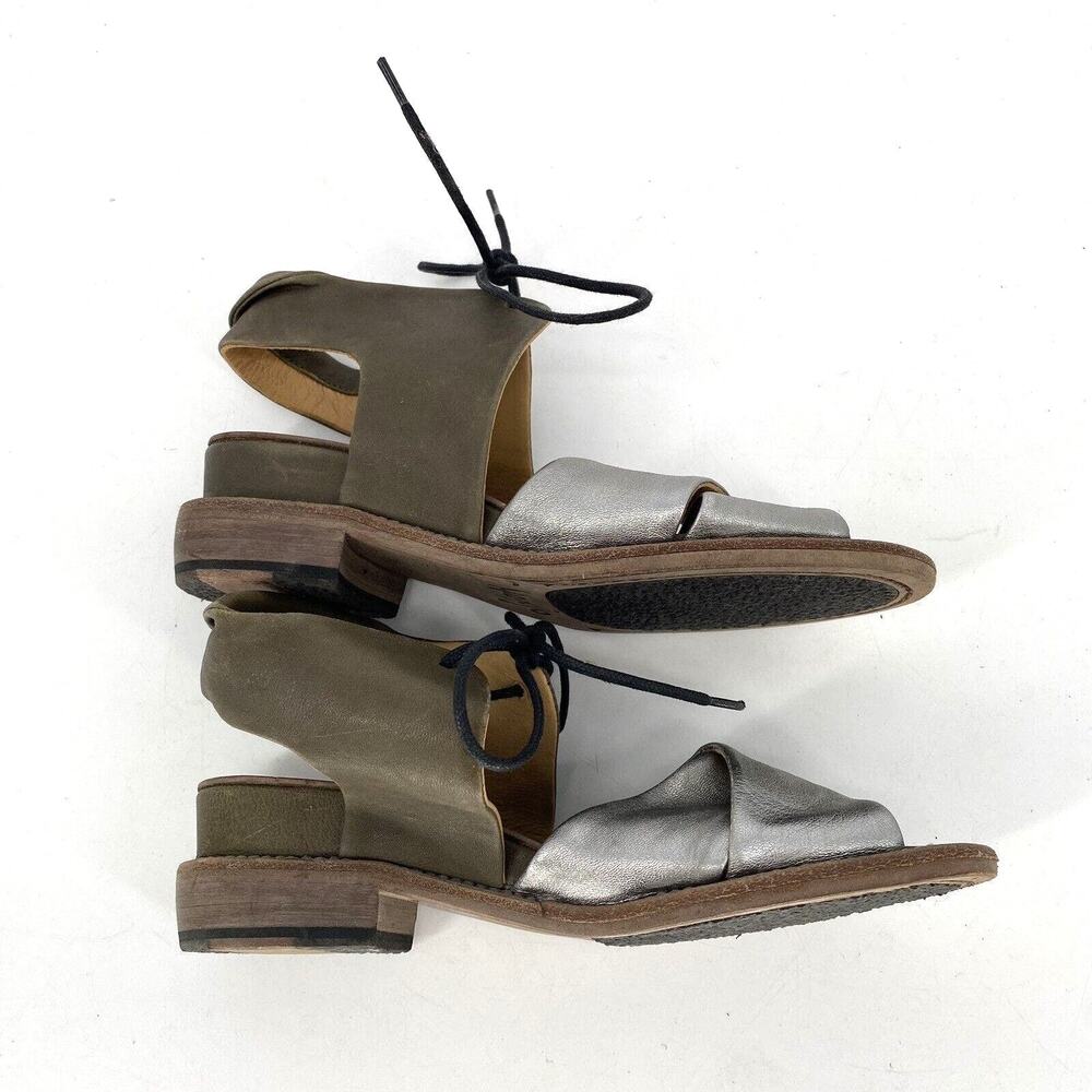 P Monjo Leather Sandals Womens 36 Silver Tan Roman Slingback Lace Up - Picture 5 of 10